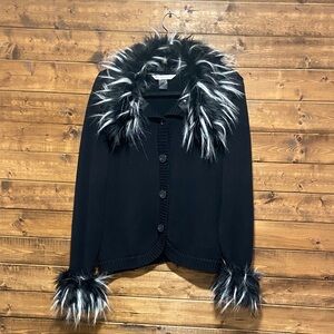 Peter Nygard Faux Fur Trim Black Cardigan | Detachable Fur | Size S